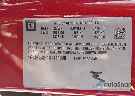 2017 Buick Verano Sport Touring from USA, damaged, VIN 1G4PR5SK1H4111690